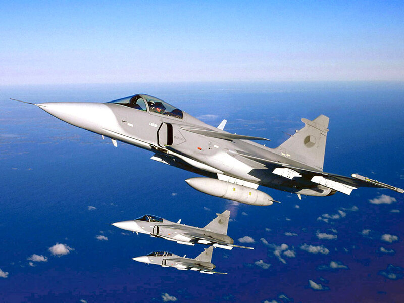 Three Fighter Jets in Formation — Blue, Calm