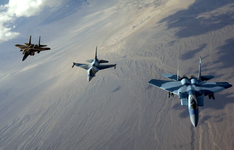 Three Fighter Jets in Formation — Blue, Dramatic, Afternoon, Photograph, Aircraft, Desert, Sky