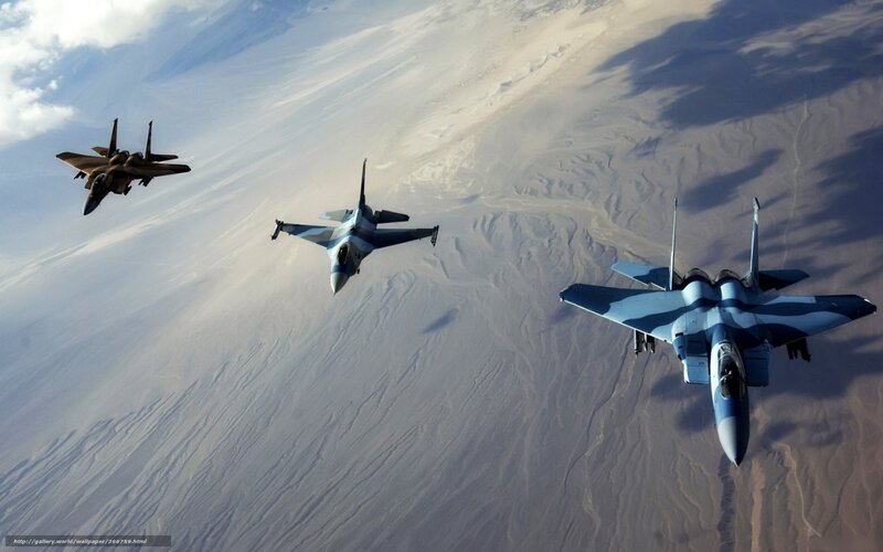 Three Fighter Jets in Formation — Blue, Dramatic, Afternoon, Photograph