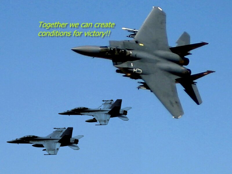 Three Fighter Jets in Formation — Blue, Dramatic