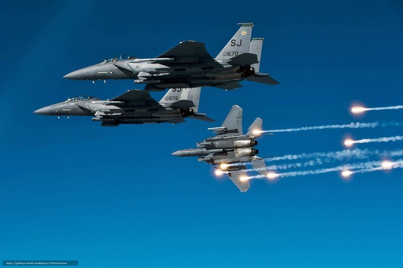Three Fighter Jets in Formation — Blue, Dynamic, Afternoon, Photograph, Aircraft, Missiles