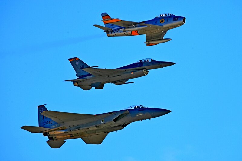 Three Fighter Jets in Formation — Blue, Dynamic, Afternoon, Photograph
