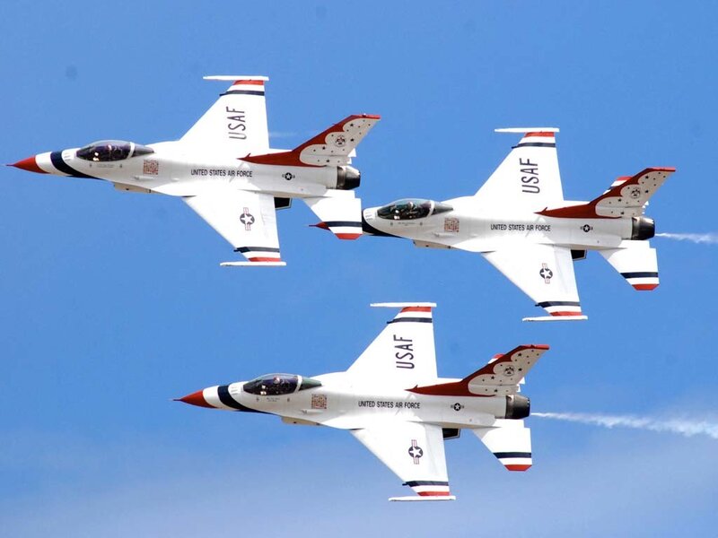 Three Fighter Jets in Formation — Blue, Dynamic, Afternoon