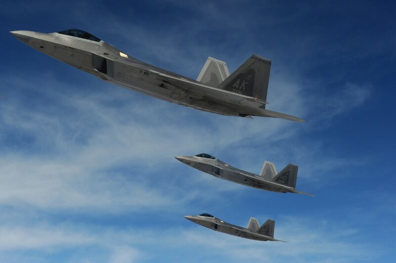 Three Fighter Jets in Formation — Blue, Dynamic