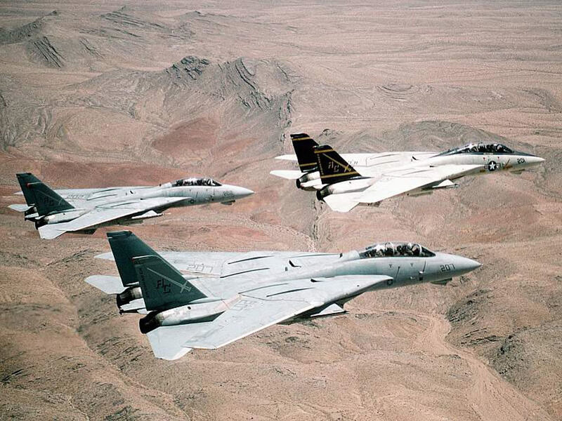 Three Fighter Jets in Formation — Gray, Aerial, Afternoon, Photograph, Desert Landscape