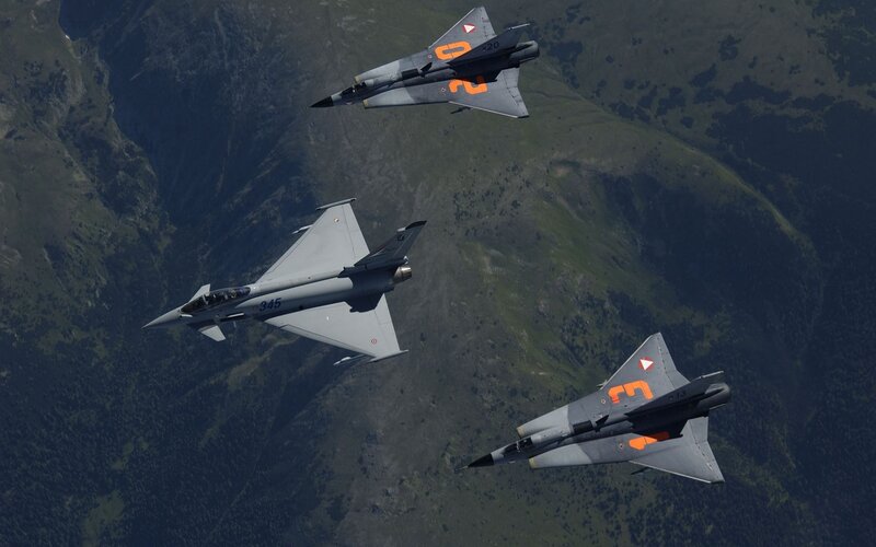 Three Fighter Jets in Formation — Gray, Aerial, Afternoon, Photograph, Mountains