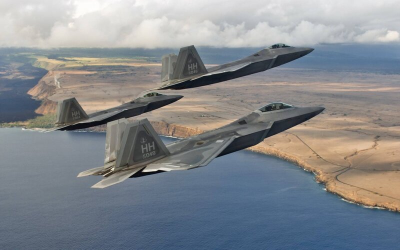 Three Fighter Jets in Formation — Gray, Aerial, Afternoon