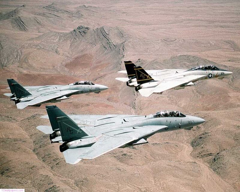 Three Fighter Jets in Formation — Gray, Aerial, Photograph, Desert Landscape