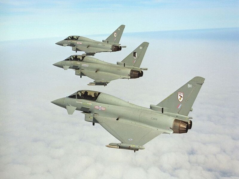 Three Fighter Jets in Formation — Gray, Calm, Photograph, Clouds