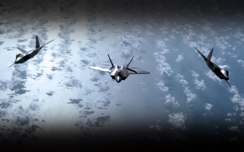 Three Fighter Jets in Formation — Gray, Dramatic, 3d Render, Aircraft, Clouds