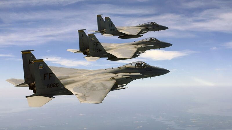Three Fighter Jets in Formation — Gray, Dramatic, Afternoon, Photograph, Aircraft, Sky, Clouds