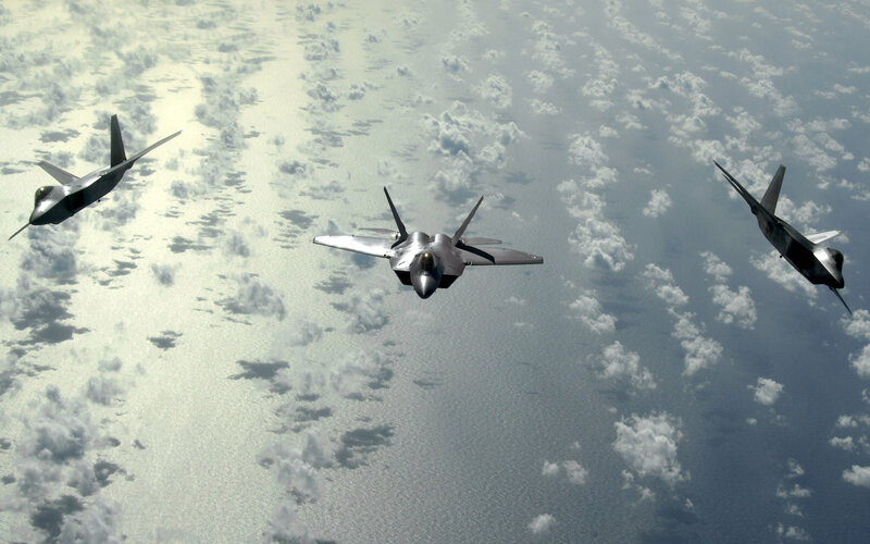 Three Fighter Jets in Formation — Gray, Dramatic, Afternoon, Photograph
