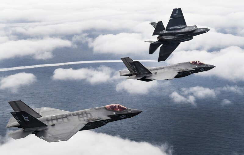 Three Fighter Jets in Formation — Gray, Dramatic, Photograph, Ocean