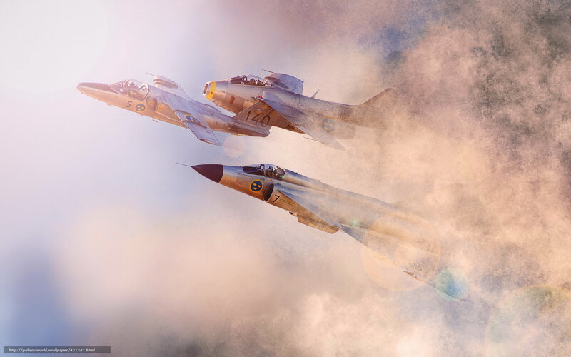 Three Fighter Jets in Formation — Gray, Dramatic, Sunset, Photograph