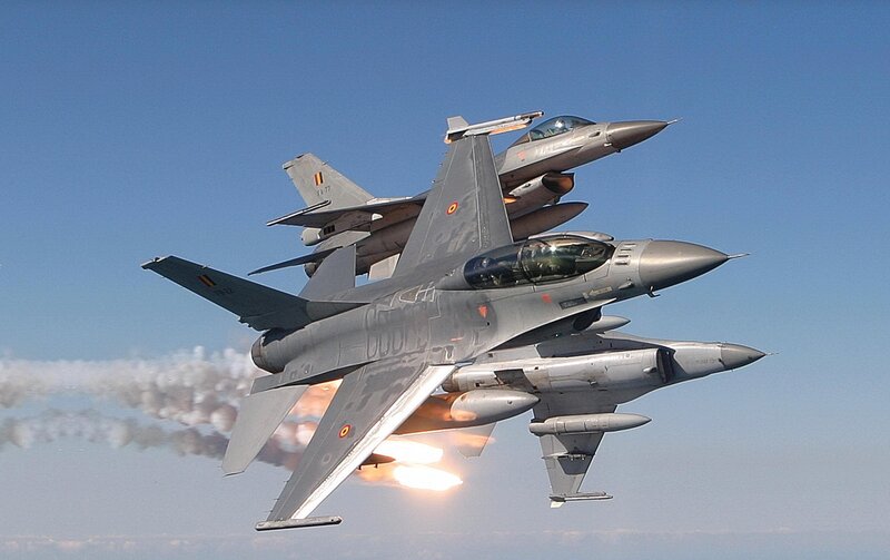 Three Fighter Jets in Formation — Gray, Dynamic, Afternoon, Photograph, Aircraft