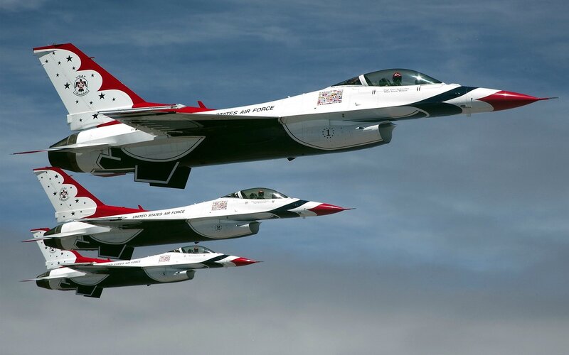Three Fighter Jets in Formation — White, Dynamic
