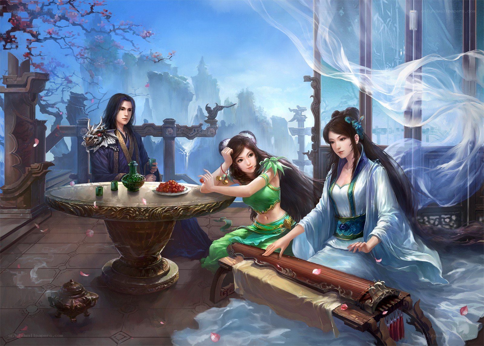 Three figures at a table in a fantasy setting