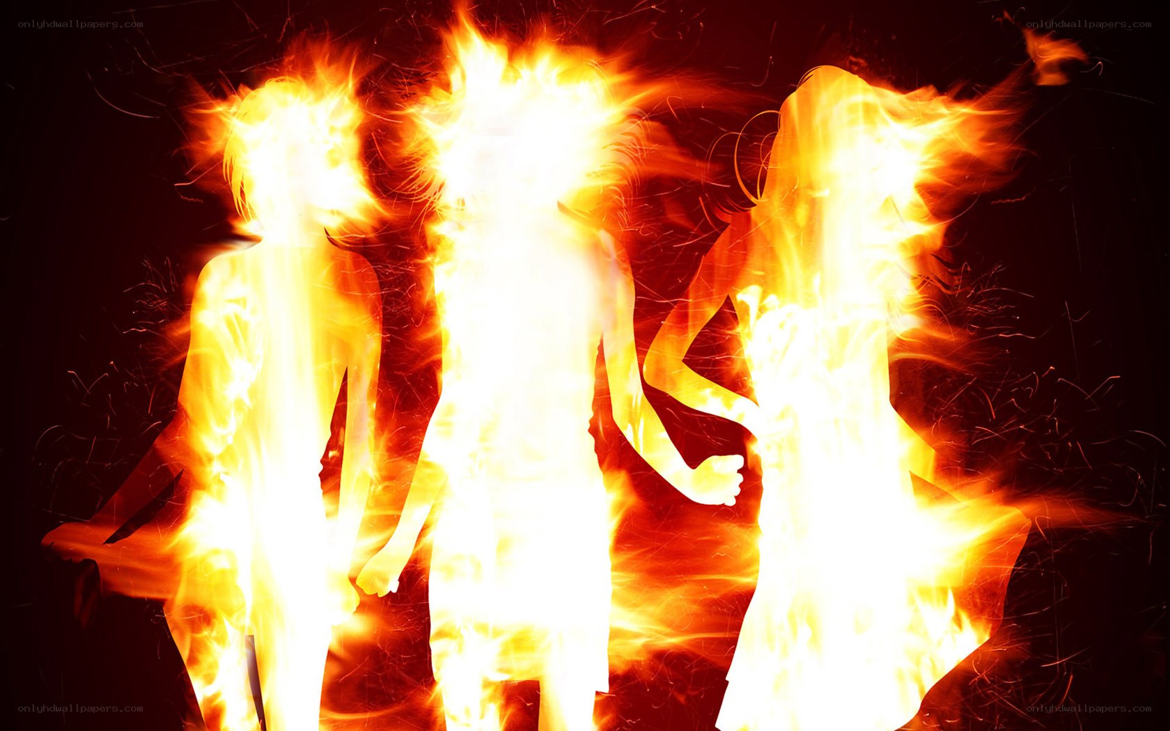 Three figures engulfed in flames