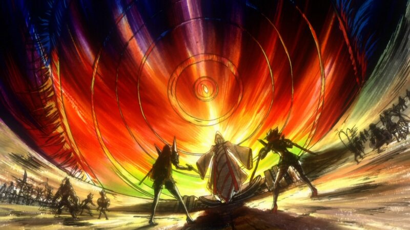 Three Figures Facing a Vortex