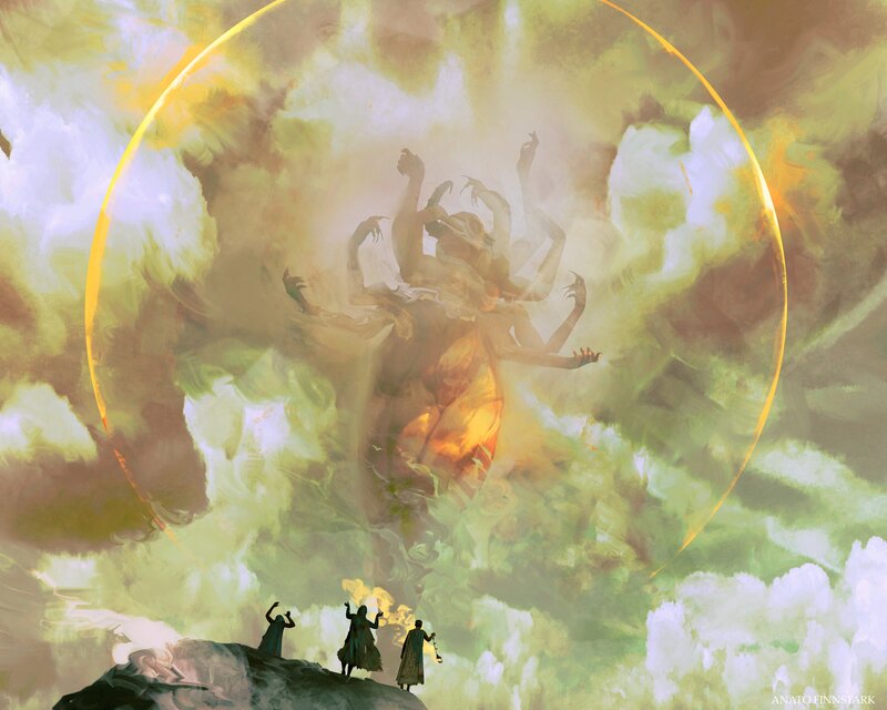 Three Figures Facing Giant Entity