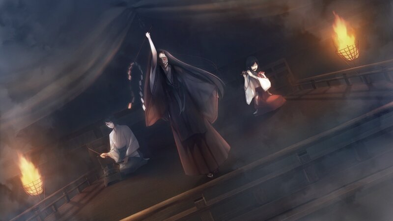 Three figures in a dark hall