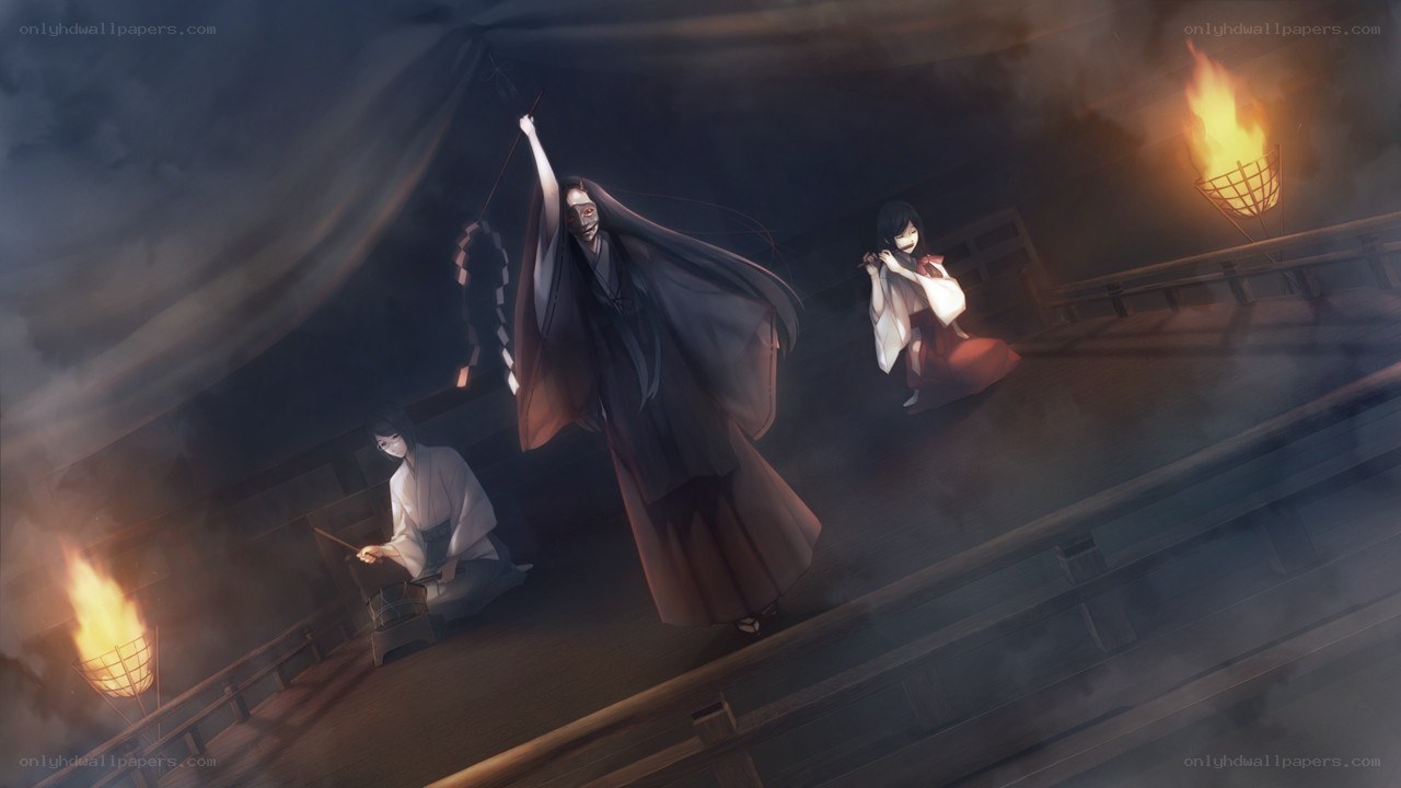 Three figures in a dark hall