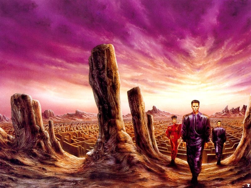 three figures in a desert maze