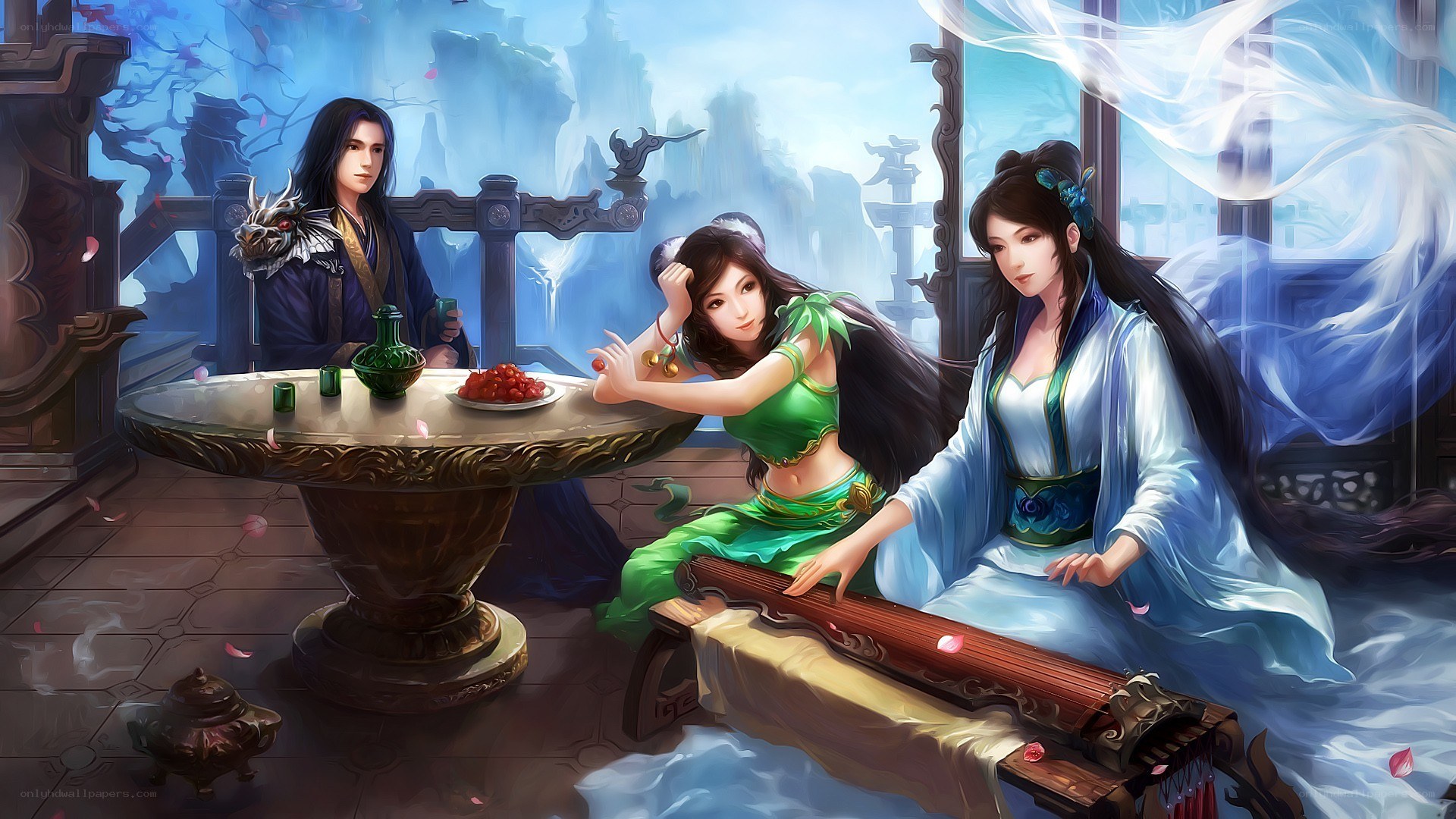 Three figures in a fantasy setting
