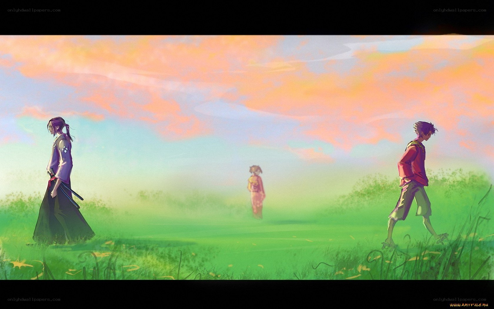 Three figures in a field at sunset
