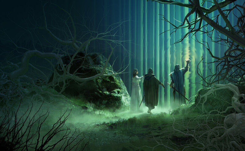 Three Figures in a Forest — Green, Mysterious