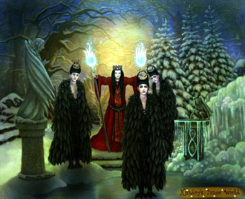 Three Figures in a Forest — Green, Mystical