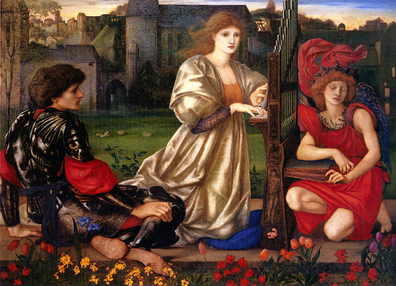 Three figures in a garden scene
