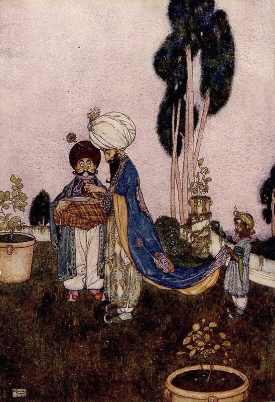 Three figures in a garden