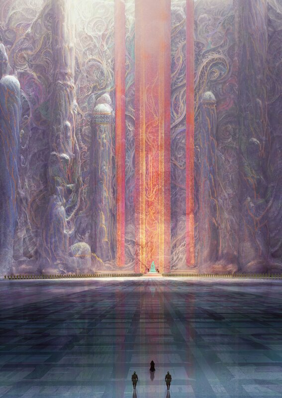 Three Figures in a Hall — Purple, Dramatic, Digital Art