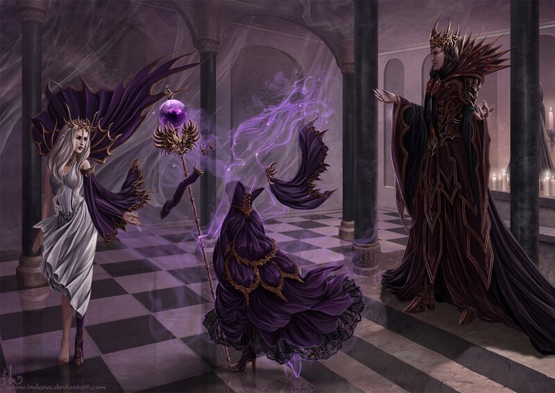 Three Figures in a Hall — Purple, Dramatic
