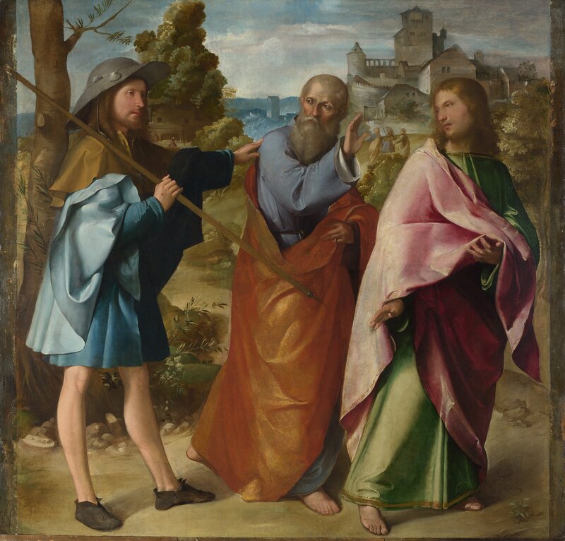 Three figures in a landscape