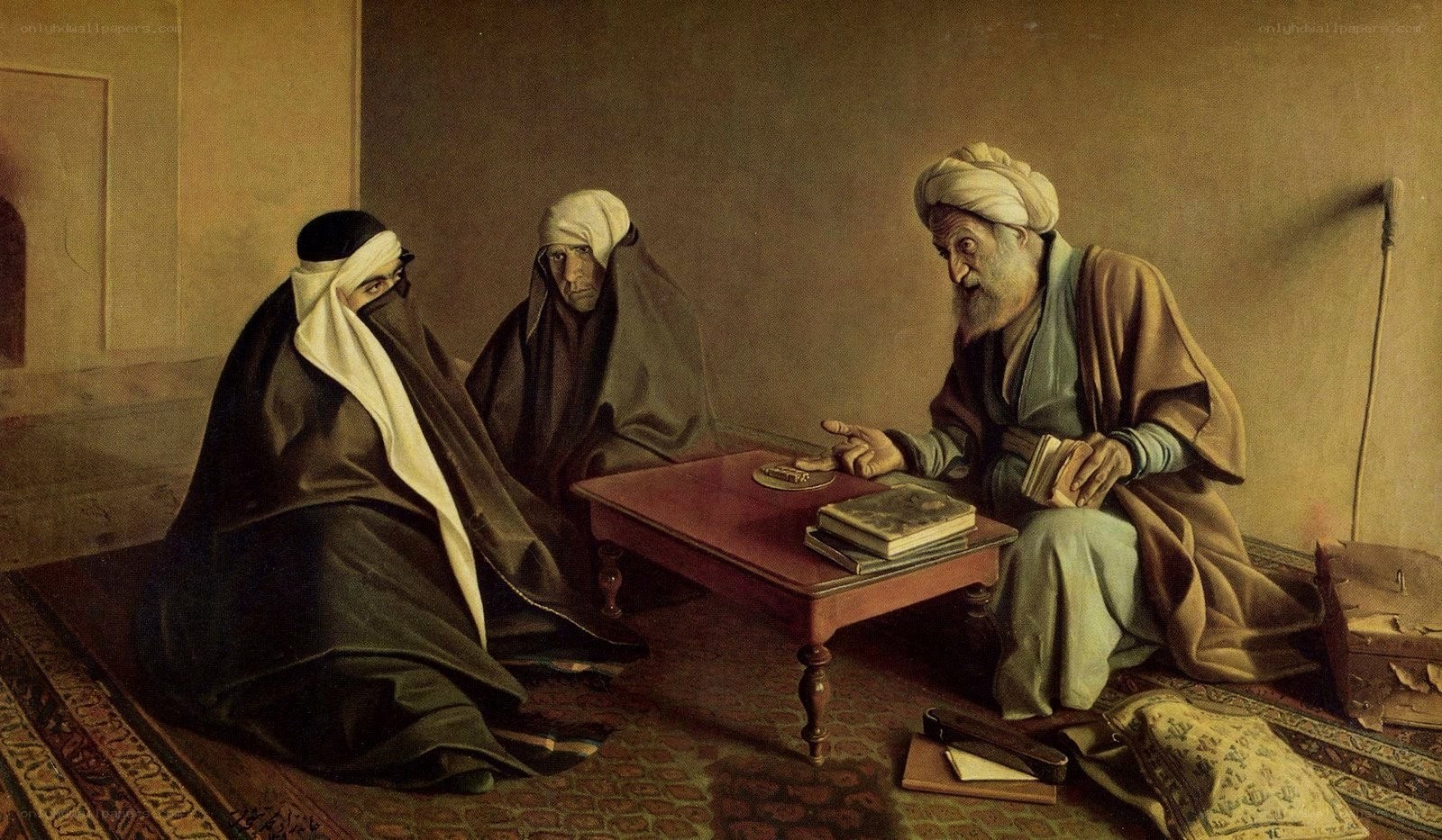 Three figures in a room