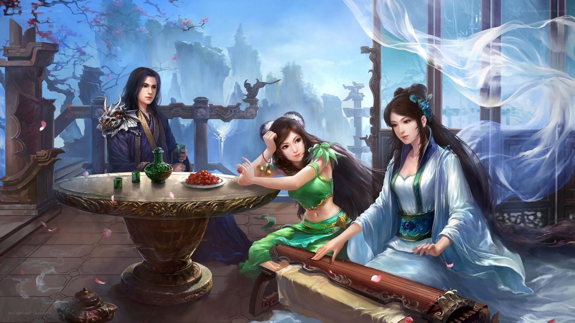 Three figures in a serene garden