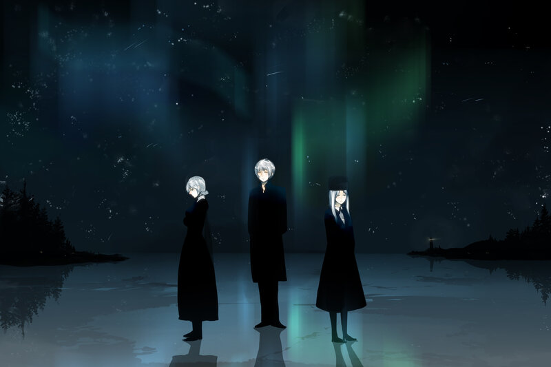Three Figures in Black Coats