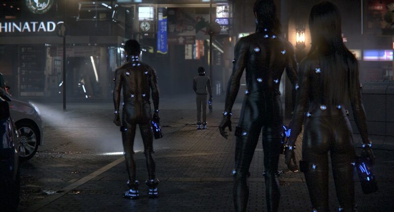 Three Figures in Black Suits