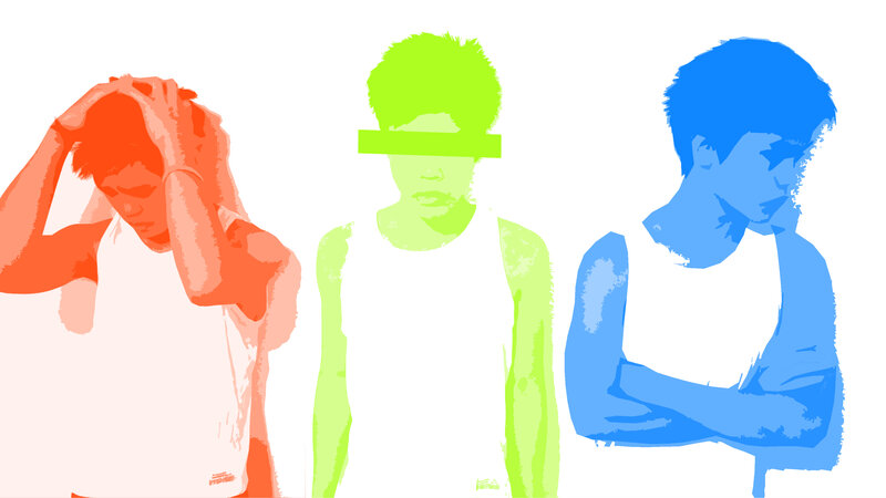 Three figures in colored silhouettes