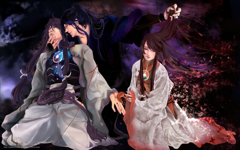 Three figures in dramatic anime scene
