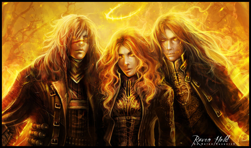 Three Figures in Fiery Background