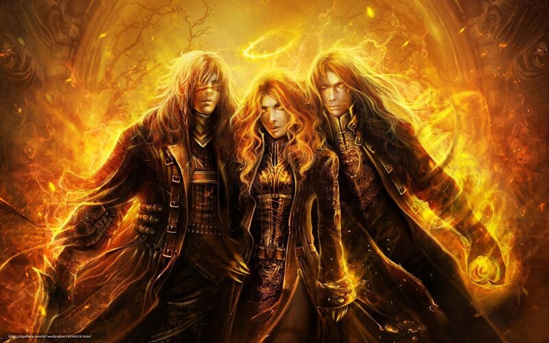 three figures in fiery fantasy scene