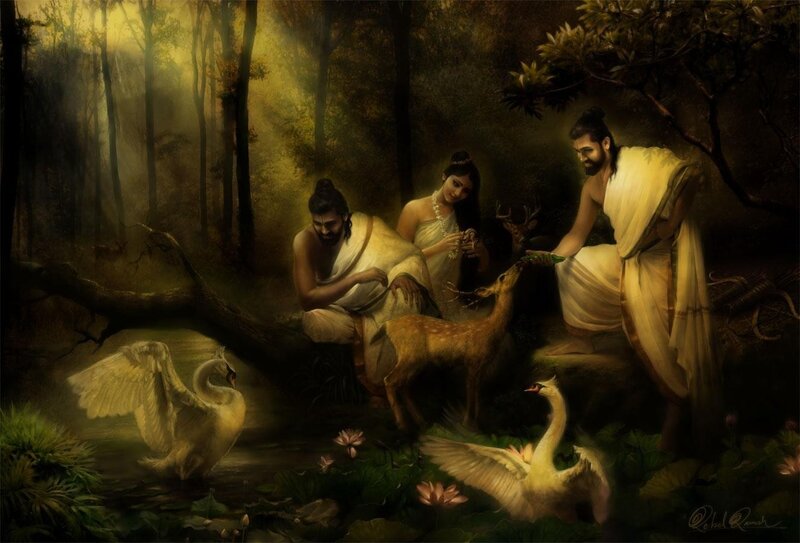 Three Figures in Forest — Green, Serene