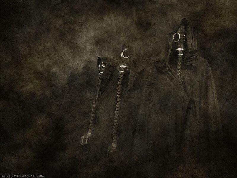 Three Figures in Gas Masks — Black, Dark