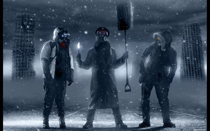 Three Figures in Gas Masks — Black, Dramatic, Night