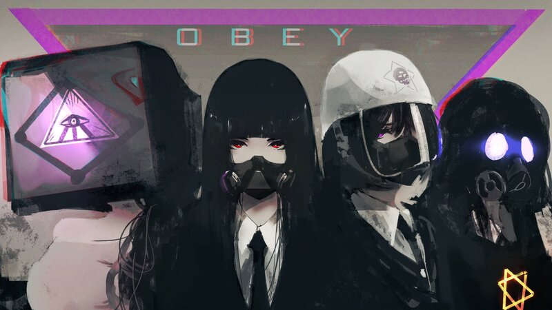 Three Figures in Gas Masks — Black, Dramatic