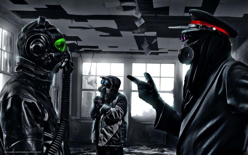 Three Figures in Gas Masks — Black