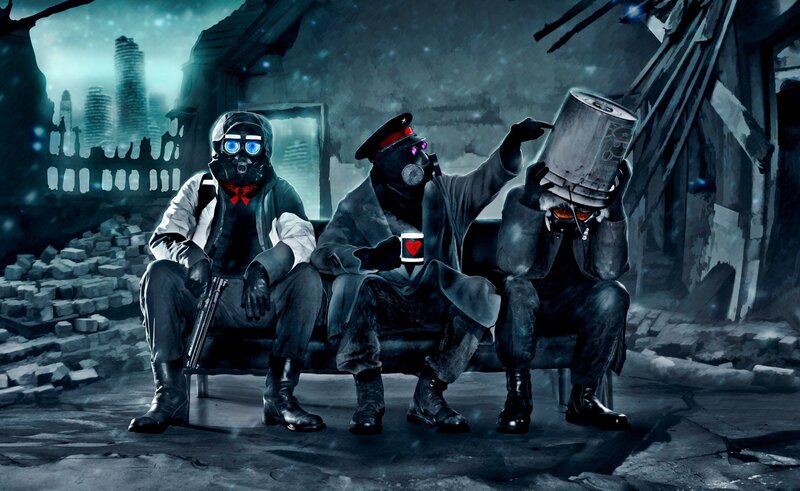Three Figures in Gas Masks — Blue